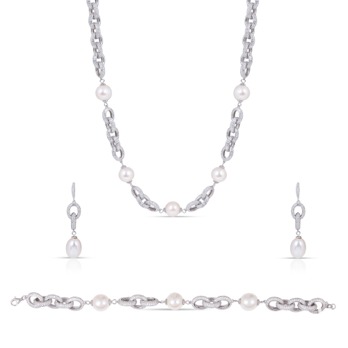 طقم فضي كامل جنزير مع لؤلؤ