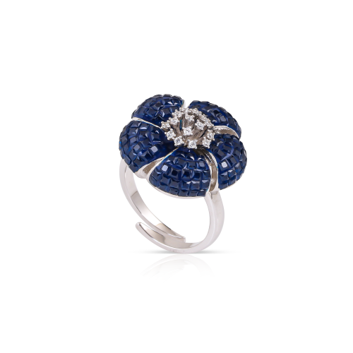 خاتم وردة احجار وفصوص زركون اخضر - ازرق