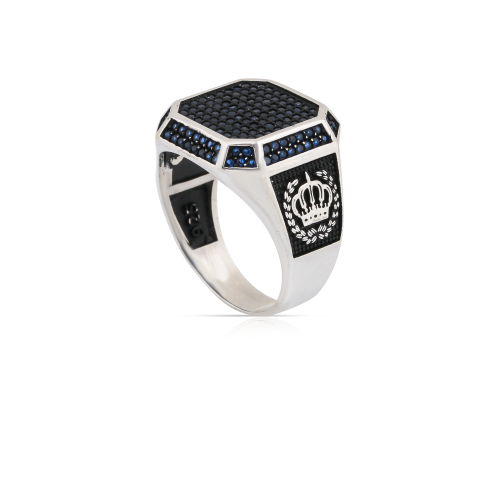 خاتم فضة زلتيت ازرق داكن بنقوش تاج