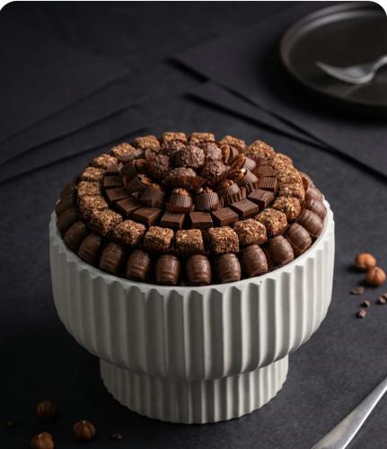 Open chocolate with pecan nut filling, caramel, Co...