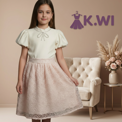 طقم صيفي تيور و بلوزة منقوش بدانتيل فرنسي فاخر