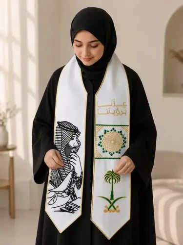 وشاح اليوم الوطني النسائي أبيض بتطريز ذهبي