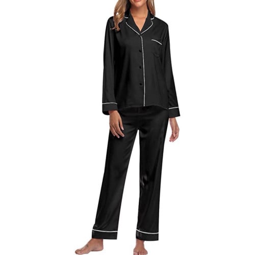 بجامة قطعتين نسائية سوداء ساتان حريرية ذو كم قصير