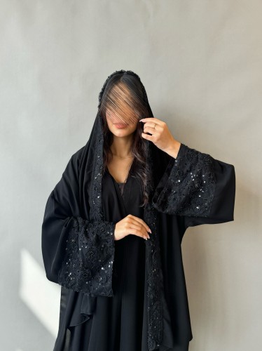 Black crepe abaya with embroidered tulle, half circle