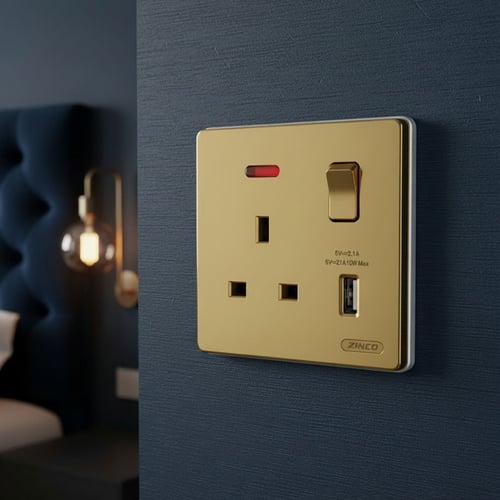 فيش كهرباء بمفتاح + منفذ USB ذهبي - موديل ZINCO/GD...