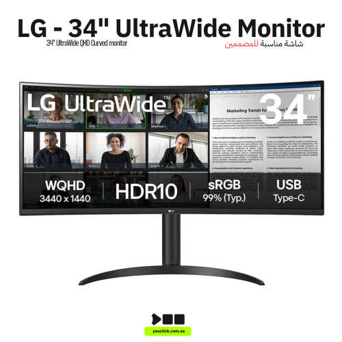 شاشة إل جي منحنية 34 بوصة فائقة الاتساع WQHD HDR10...