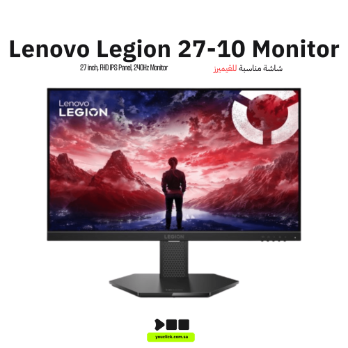 شاشة ألعاب لينوفو ليجون 24-10مقاس 27 بوصة فل اتش دي 1920x1080, تقنية العرض IPS, معدل التحديث 240 هيرتز, سرعة الإستجابة 0.5 ملي ثان...