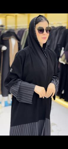 عباية قماش كريب الأصلي مع قماش مقلم من الأكمام وأس...