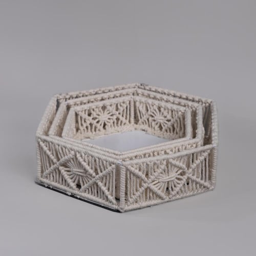 طقم 3 سلال سداسية من الحبل الأبيض