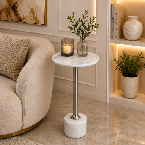 طاولة خدمة جانبية دائرية مودرن فضي 35×35 سم بسطح رخامي وقاعدة رخامية