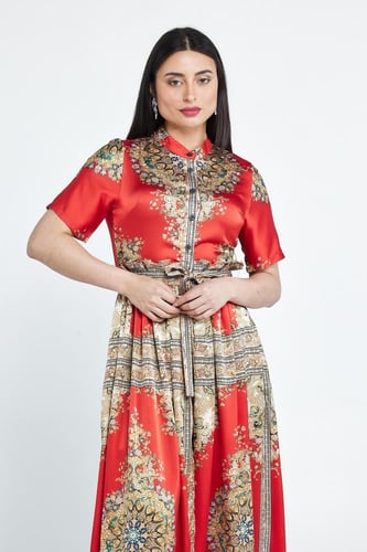 فستان نص كم قبة حزام على الخصر مشجر