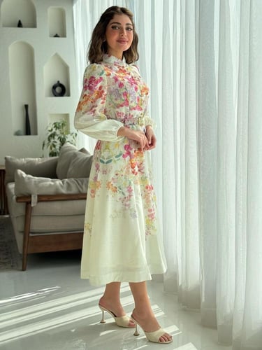 فستان مشجر باكمام وحزام