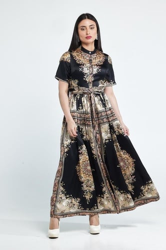 فستان نص كم قبة حزام على الخصر مشجر