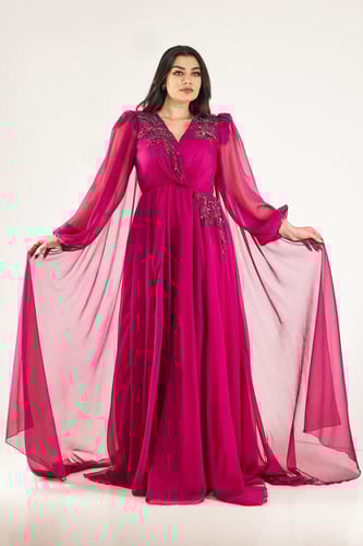 فستان طويل اكمام طويلة شيفون قبة سبعه