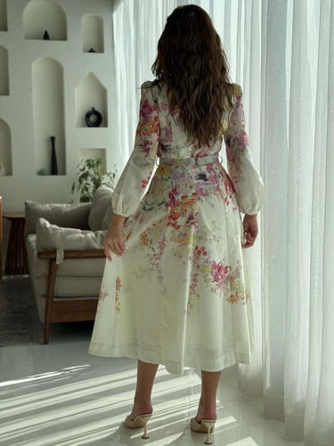 فستان مشجر باكمام وحزام