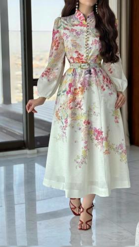 فستان مشجر باكمام وحزام