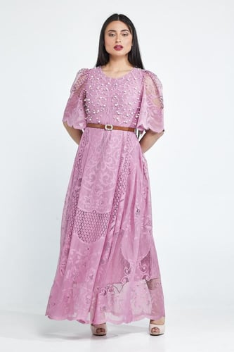 فستان نص كم حزام على الخصر