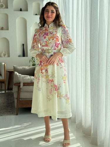 فستان مشجر باكمام وحزام