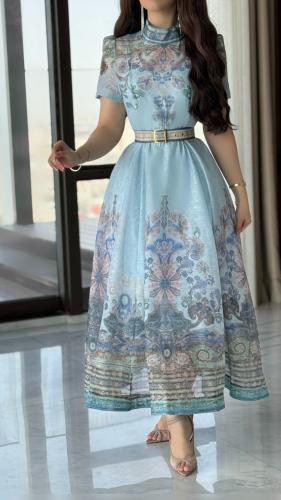 فستان سماوي مشجر باكمام نص