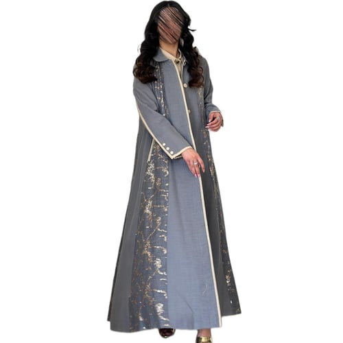 عباية كلوش لون رمادي بقطع شك ذهبي