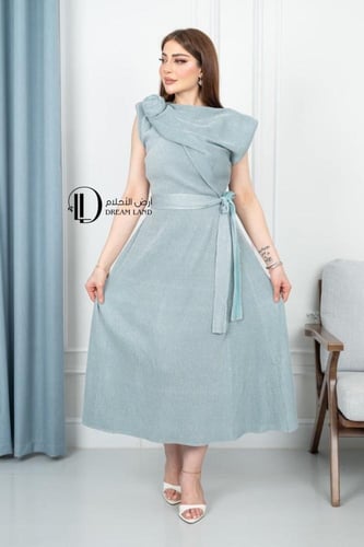 فستان ميدي بياقة مطوية ورباط للخصر