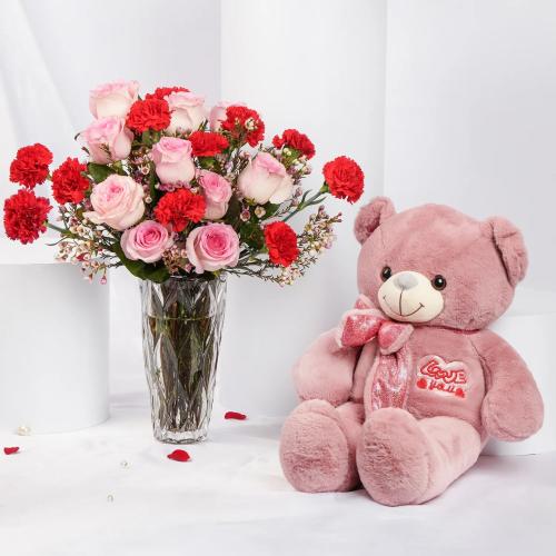 طقم "رفيق السعادة" - مزهرية الورد مع دبدوب لوسيرا...