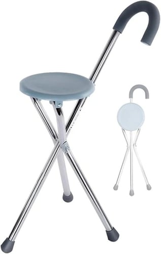 Round folding walking stick with integrated seat made of aluminum