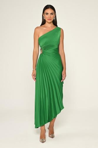 فستان بلون أخضر زمردي بتصميم كلوش بكتف واحد، يمنحك...