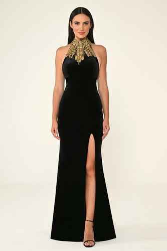 فستان أسود مخملي بياقة هالتر مطرزة وشق أمامي. 6883...