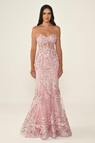 فستان وردي مطرّز بستايل مشد وبقصّة حورية. 4841*