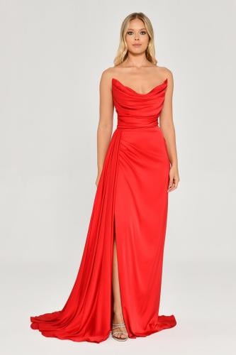 فستان أحمر ساتان بطيّات انسيابية وشق جانبي 5617*