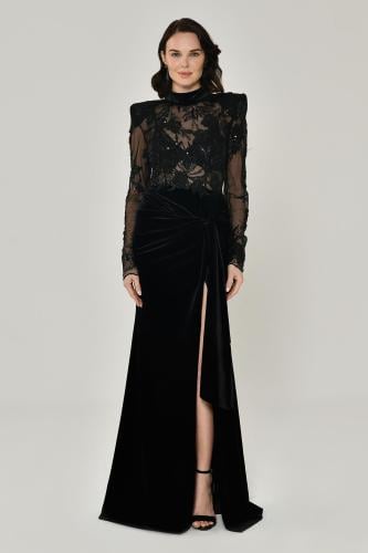 فستان أسود مخملي بتطريز دانتيل فاخر. 6221