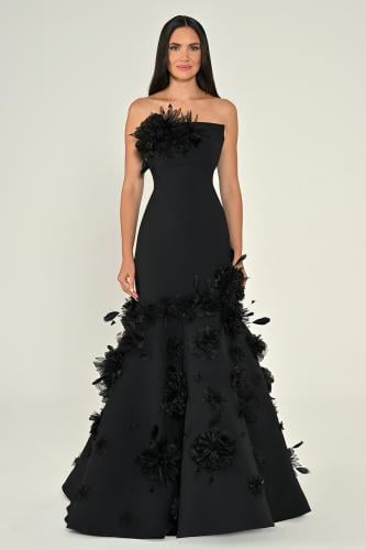 فستان أسود فخم بدون أكمام مزين بالزهور. 7227