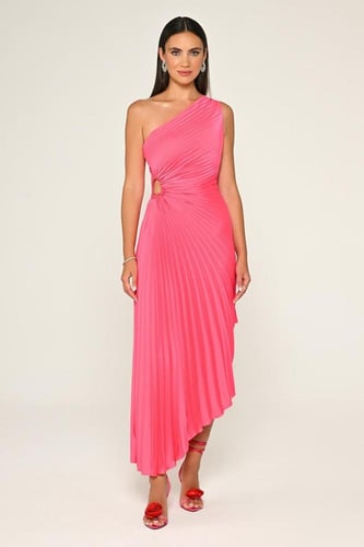 فستان بلون أخضر زمردي بتصميم كلوش بكتف واحد، يمنحك...