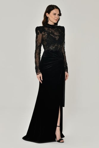 فستان أسود مخملي بتطريز دانتيل فاخر. 6221