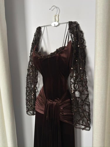 فستان سهره مخمل بني ملكي