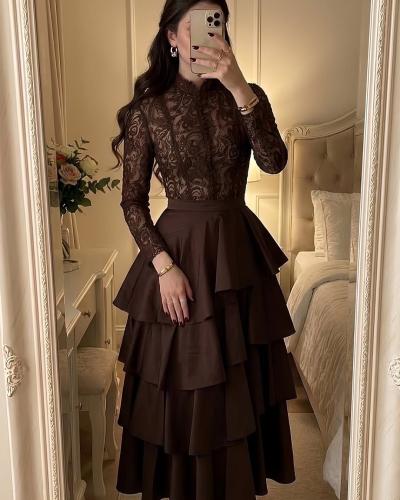 فستان ناعم طبقات لون بني