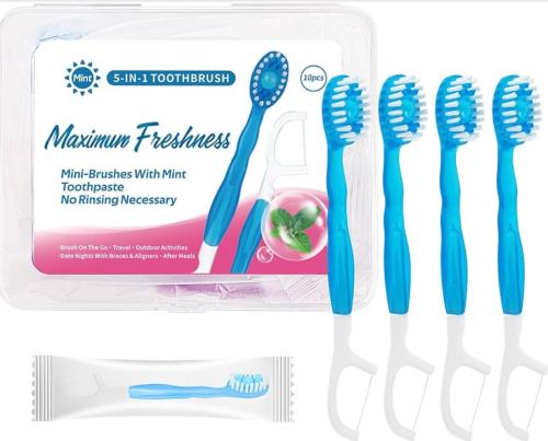 Small 5-in-1 toothbrush for single use with toothpaste and toothpaste and tongue scraper + floss + cleaning floss + brush for work...