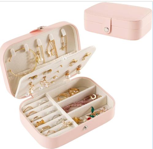 Luxury two-layer travel jewelry organizer box, larger size, and beautiful pink color