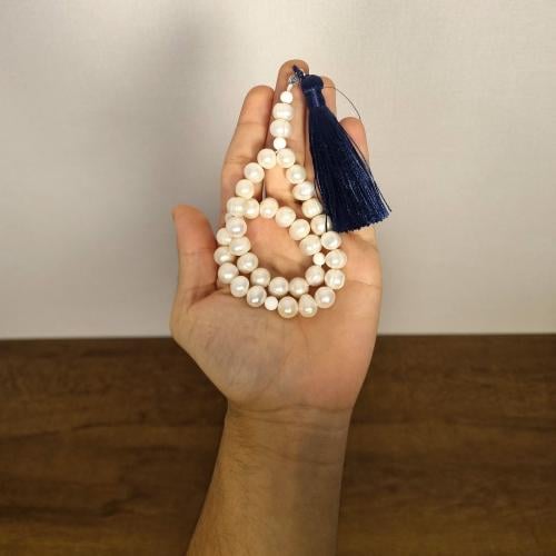 Natural pearl rosary with navy blue Bakrkoosha and natural shell spacers