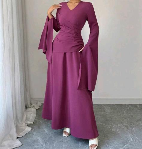 فستان نسائي أنيق بياقة على شكل حرف V وأكمام واسعة...