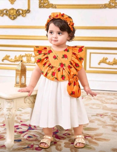 فستان بناتي رمضاني بكشكة من الأعلى وبطبعة الزهور +...