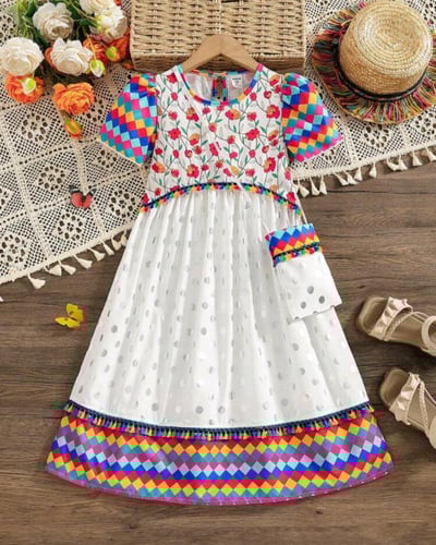 فستان بناتي رمضاني بطباعة + حقيبة صغيرة هندسية وبي...