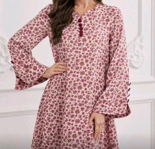 جلابية نسائية بأكمام طويلة بالوان متباينة وطباعة ز...