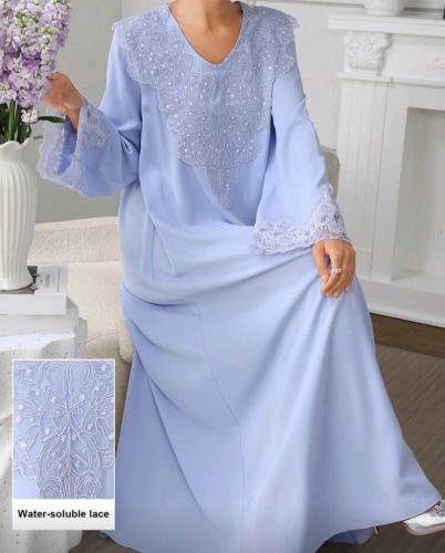 جلابية نسائية بأكمام طويلة وبياقة حرف V مزينة بطرز...