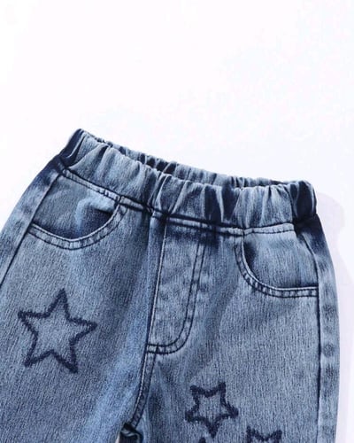 طقم بناتي عبارة بنطلون جينز أزرق برسومات نجوم + تي...