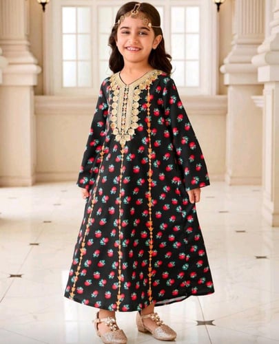 جلابية بناتي بطرز على الصدر بأكمام طويلة بياقة على...