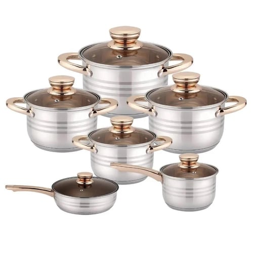 طقم قدور ستانليس ستيل 12 قطعه بمقابض مذهبه