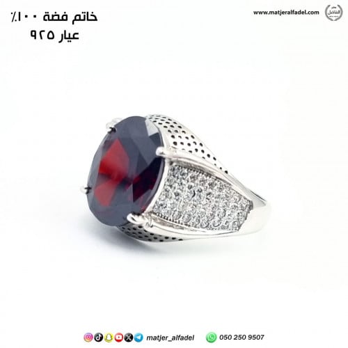 خاتم فضة رجالي عيار 925 بحجر الزركون الأحمر الفاخر