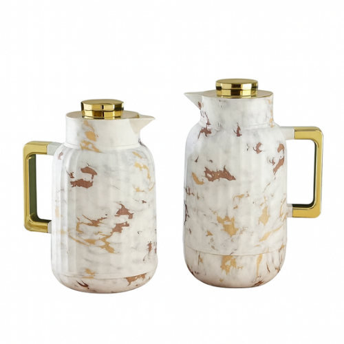 طقم ترامس شاي وقهوة أبيض رخامي مذهب من بيتروس